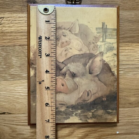 Vintage Wood-Backed Piggy Art Wall-Hanging, Signed, Brass Wall Hook, 7"x5.5" - Picture 4 of 5